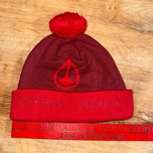 NIXON Pom Beanie One Size Red Camera Embroidered Text Logo Wide Brim Winter Cap